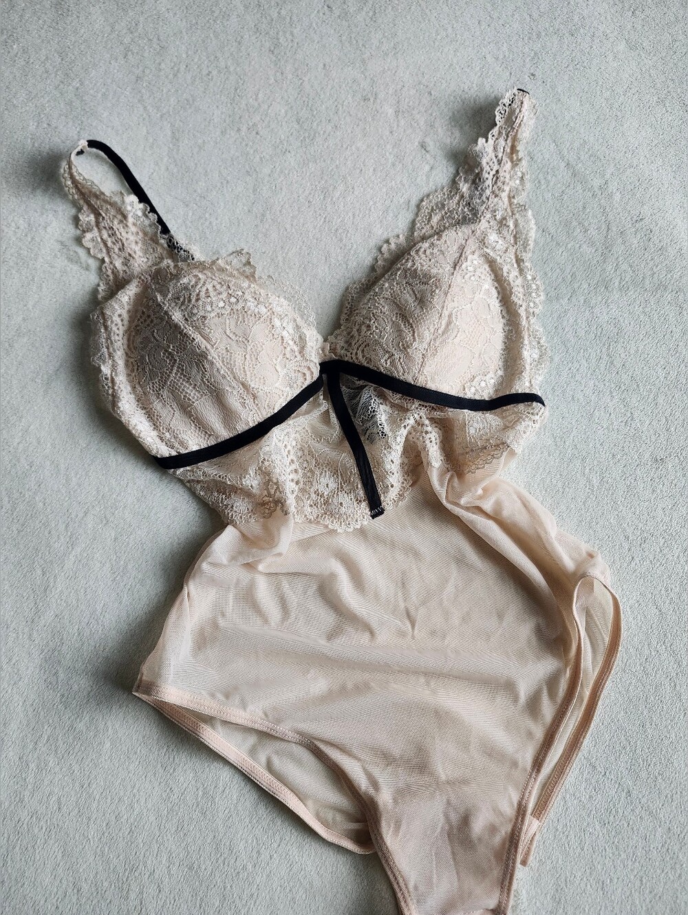Platinum Lingerie Lace Trim Sheer Bodysuit - Blush With Black Accent, Size S/P